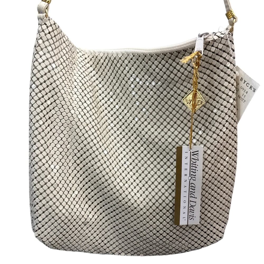Whiting & Davis Vintage White Metal Mesh Leather Evening Shoulder Bag Purse